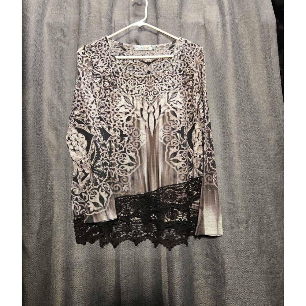 Unity World‎ Wear Tunic Top Long Sleeve Lace Trim Embellished Print Small